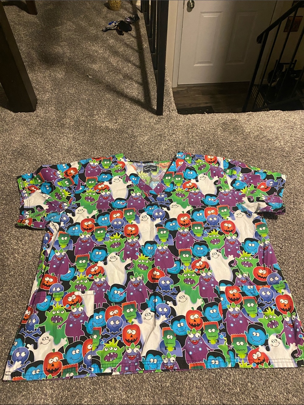 Butter multicolor cartoon monster scrub top